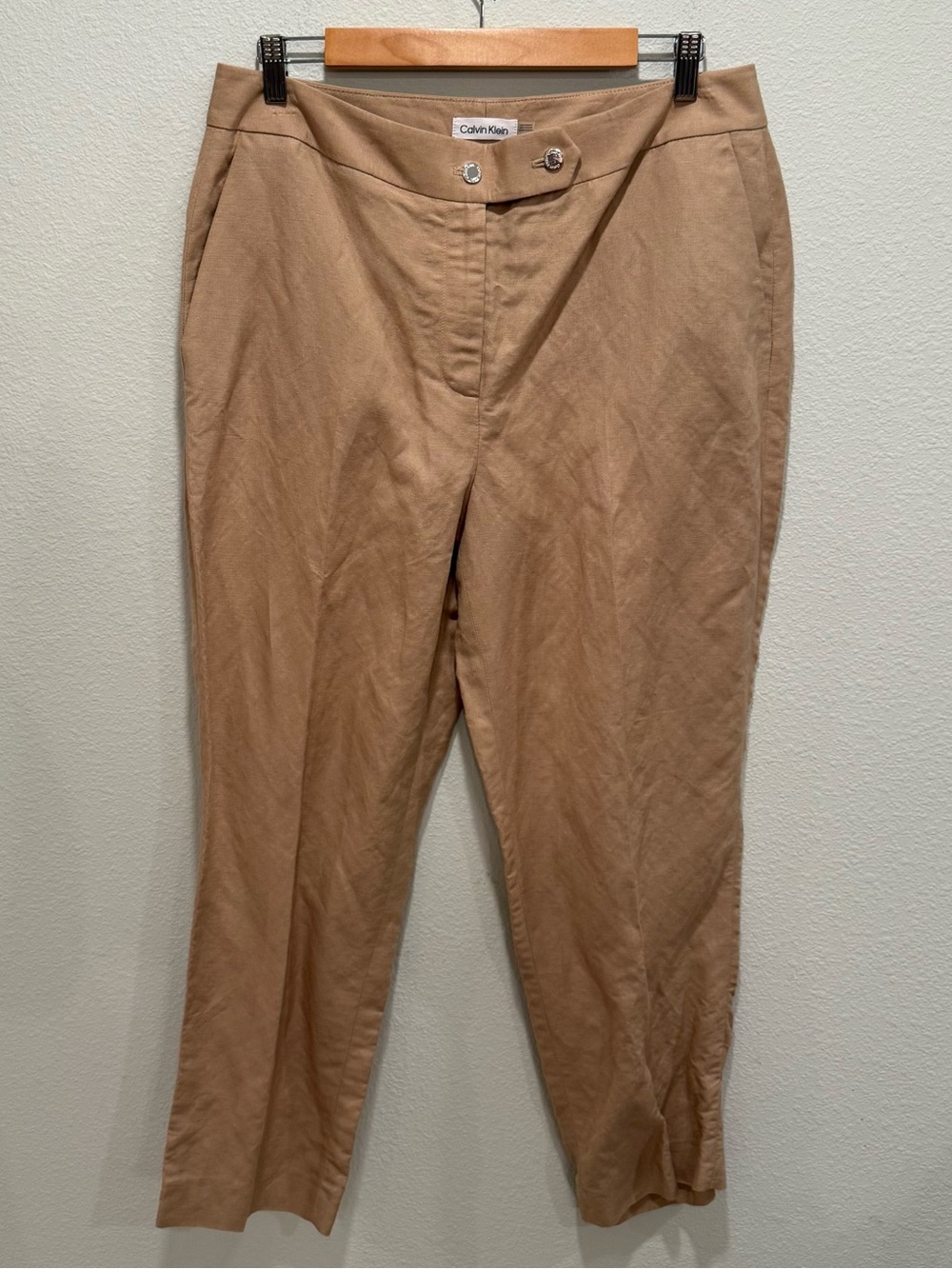 Calvin Klein Beige/Tan High-Rise Linen Blend Casual Trousers